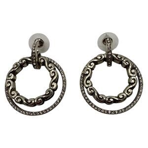 Brighton Silver Crystal Halo Swirl Drop Hoop Earrings With Scroll Design